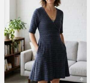 Toad&Co Cue Wrap Short Sleeve Organic Cotton Dress Blue Pattern Medium